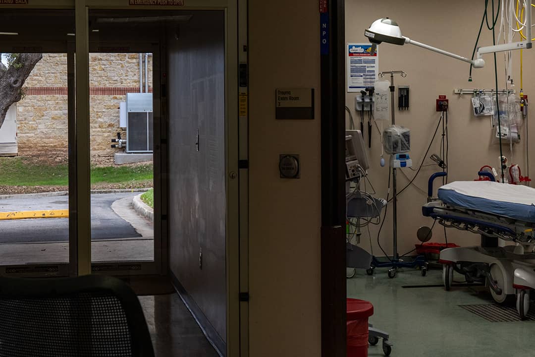 An operating room stands next to entryway doors at the emergency room in Hondo, Texas.